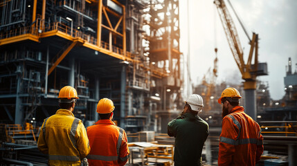 Construction workers observe a project at a building site, showcasing teamwork and industrial safety in an urban environment.