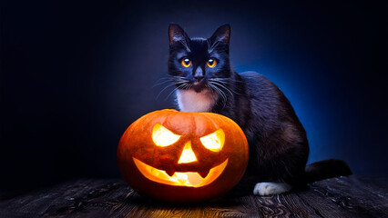 Black cat sitting against pumpkin background