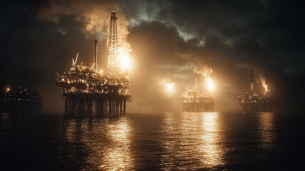 Obraz premium Dramatic view of offshore oil rigs illuminated at night, surrounded by dark clouds and reflections on the water.