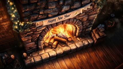 Fototapeta premium Cozy fireplace adorned for New Year celebration, creating a warm and inviting atmosphere with glowing embers and festive decor.
