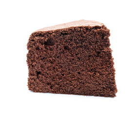 Piece of chocolate sponge cake isolated on white