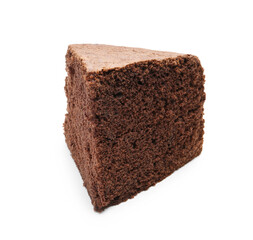 Piece of chocolate sponge cake isolated on white