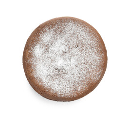 Tasty chocolate sponge cake with powdered sugar isolated on white, top view
