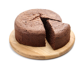Cut chocolate sponge cake isolated on white
