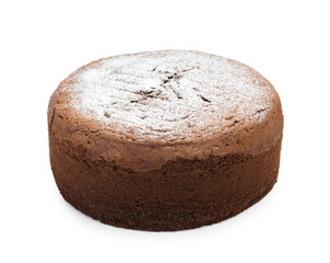 Tasty chocolate sponge cake with powdered sugar isolated on white