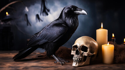 Fototapeta premium A black raven stands on an old wooden table next to a skull.