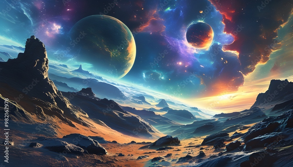 Wall mural surreal cosmic landscape featuring vibrant nebulae, unique planets, and rugged terrain, evoking the 