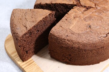 Cut chocolate sponge cake on light table, closeup