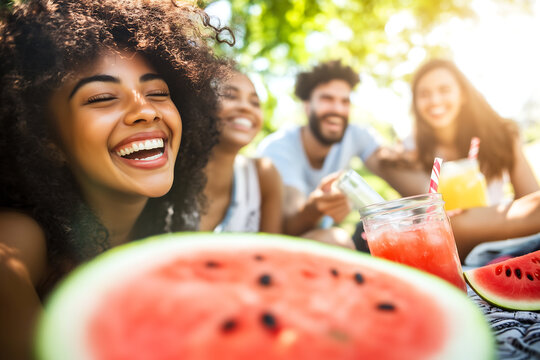 Group of friends laughing and enjoying a summer picnic with watermelon and drinks outdoors