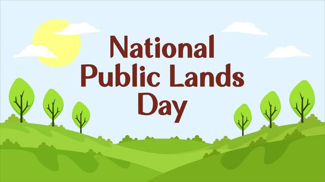 Animation footage of National Public Lands Day featuring a scenic landscape with rolling hills, trees, and a bright sun in the sky. Suitable for the celebration of National Public Lands Day in America - Powered by Adobe