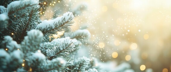 A beautiful snow-covered Christmas tree background with falling snowflakes and bokeh lights.