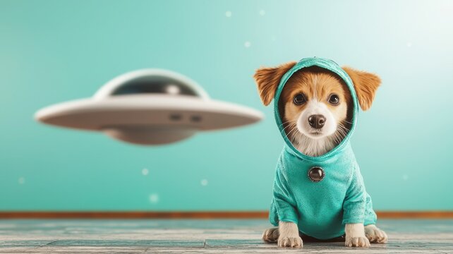 A cute dog wearing a hoodie sits on the floor, with a spaceship hovering in the background, creating a whimsical alien scene.