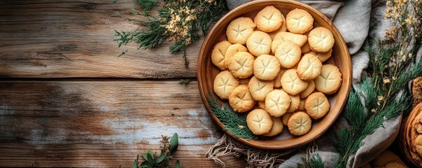 Fototapeta premium Freshly baked cookies arranged in a wooden bowl, perfect for festive celebrations and cozy gatherings during the holiday season.