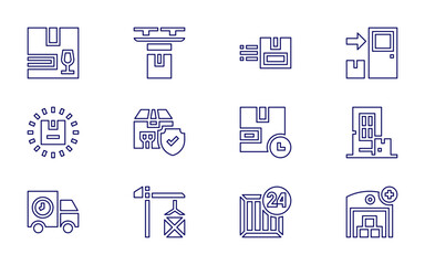 Logistics icon set. Line style. Editable stroke. truck, delivery truck, package, delivery time, door delivery, lift, security