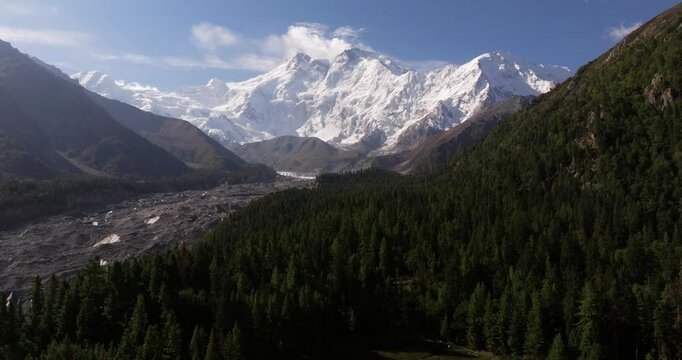 Nanga Parbat Mountain Sunrise, Pakistan's Fairy Meadows National Park. Cinematic Establishing Aerial View. karakoram