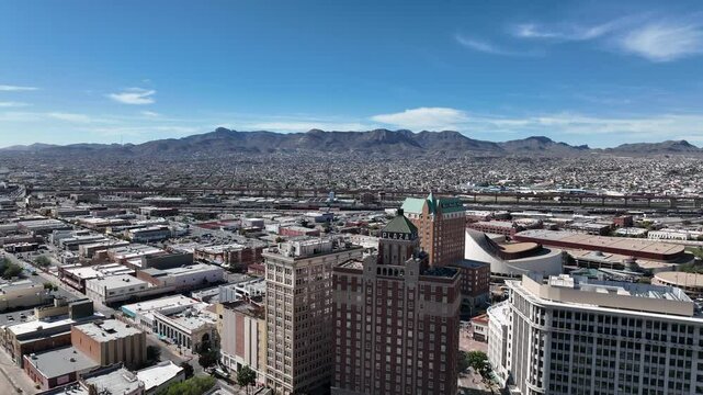 Aerial View Of Downtown El Paso With Blue Skies Overlooking Ciudad Juarez, Mexico