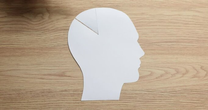 Female hand with paper human head and piece of brain. Neurology and logical thinking