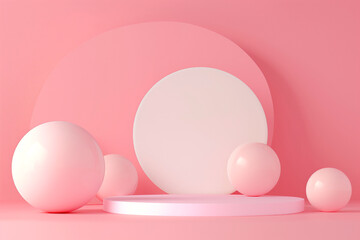 Fototapeta premium Minimalist podium surrounded by abstract balls on a pink pastel background