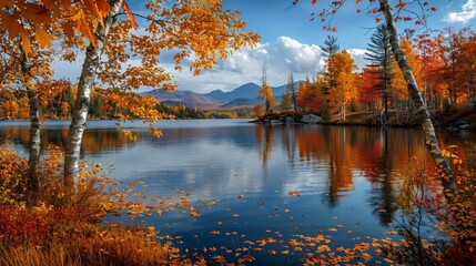 Fototapeta premium autumn lake landscape with tree