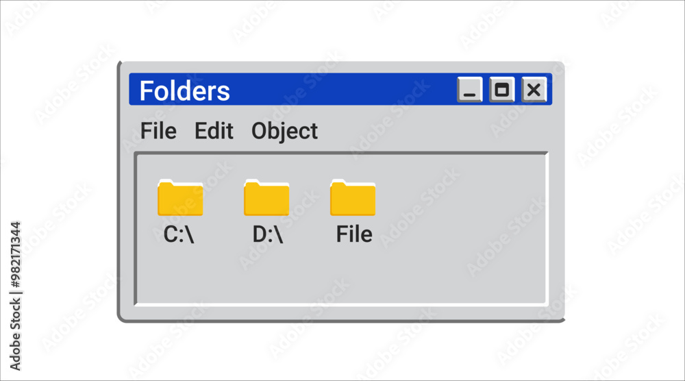 Poster old explorer window with folder in blue color. retro window with system files on screen.