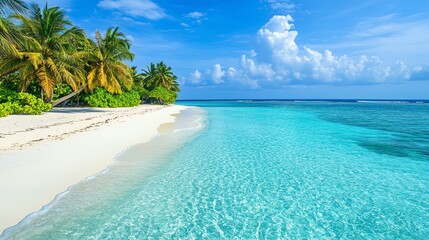 Fototapeta premium Tranquil tropical beach with crystal clear water and lush palm trees.