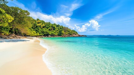 Fototapeta premium A pristine beach with white sand and crystal clear turquoise water.