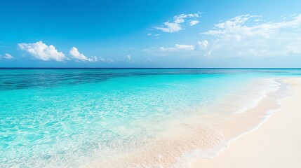 Obraz premium White sand beach with crystal clear turquoise water and blue sky.