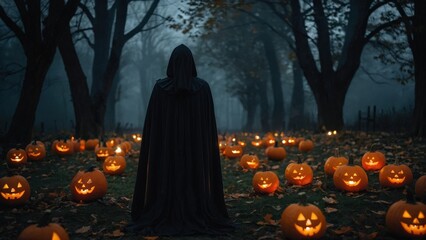 A hooded figure in a dark cloak stands in a forest surrounded by numerous lit candles at night, creating an eerie and mysterious atmosphere.