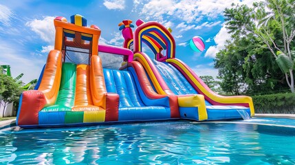 Large colorful inflatable water park with multiple slides in pool
