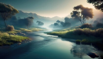 Serene river flowing through a misty valley with lush greenery and towering mountains in the background.