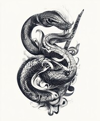 Obraz premium A detailed black and white illustration of intertwined snakes, showcasing intricate patterns.
