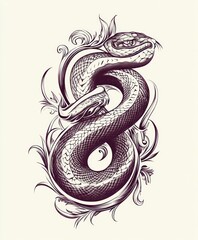 Obraz premium A detailed illustration of a snake forming the shape of the number eight, surrounded by foliage.