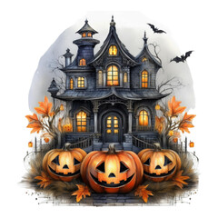 Halloween Pumpkin, Pumpkin kid with haunted house, watercolor illustration, Halloween decorations