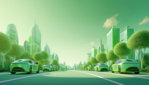 A futuristic cityscape with green buildings and cars, representing sustainability and a clean environment.