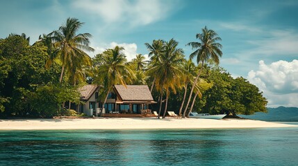 Tropical island paradise with a beach house and palm trees.