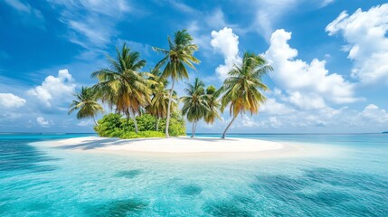 Tropical island with palm trees and clear blue water.