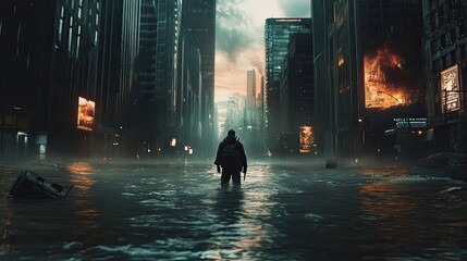 A lone figure walks through a flooded city street, with fire in the distance.