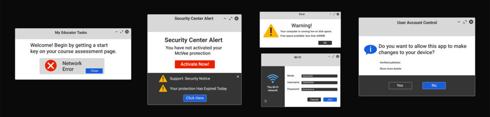 Security center alert popup. The wifi network interface. User account control. Network error.
