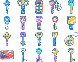 key for open and close padlock doodle icons set vector. sketch line art vintage and modern electronic key with fingerprint scanner system, car and house, standard english ancient color illustrations