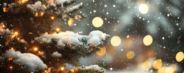 Naklejka premium Frosted Evergreen Branches with Warm Fairy Lights