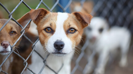 Pets dos and cats standing inside of the open air cage. Municipal animal shelter