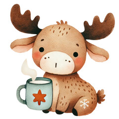 A cute cartoon moose with antlers, holding a mug of steaming drink, set against a dark background, exuding a cozy, festive vibe.