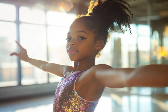 Young ballerina is practicing her ballet poses in a dance studio, illuminated by natural light