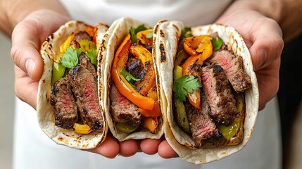 Three Steak Tacos Held in Hands with Grilled Peppers and Cilantro