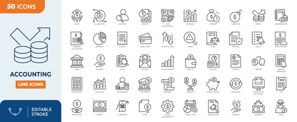 Accounting Icon Set. Containing financial statement, accountant, financial audit, invoice, tax return, income, and more. Outline Icon Collection. Vector illustration. Editable stroke