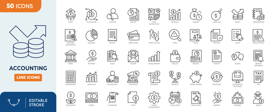 Accounting Icon Set. Containing financial statement, accountant, financial audit, invoice, tax return, income, and more. Outline Icon Collection. Vector illustration. Editable stroke