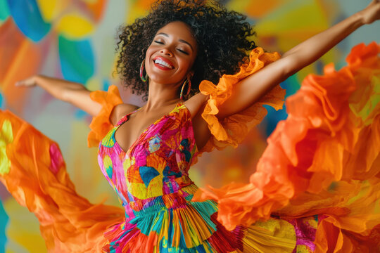 Young woman dancing salsa wearing colorful dress with flowing skirt