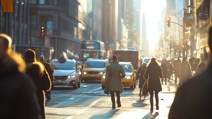 Obraz premium Silhouettes of people walking across a busy city street with cars driving past, sun shining brightly.