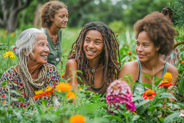 Multigenerational people discussing while gardening in community garden