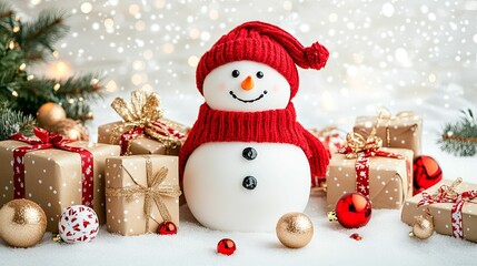 Festive Snowman Surrounded by Christmas Gifts and Ornaments